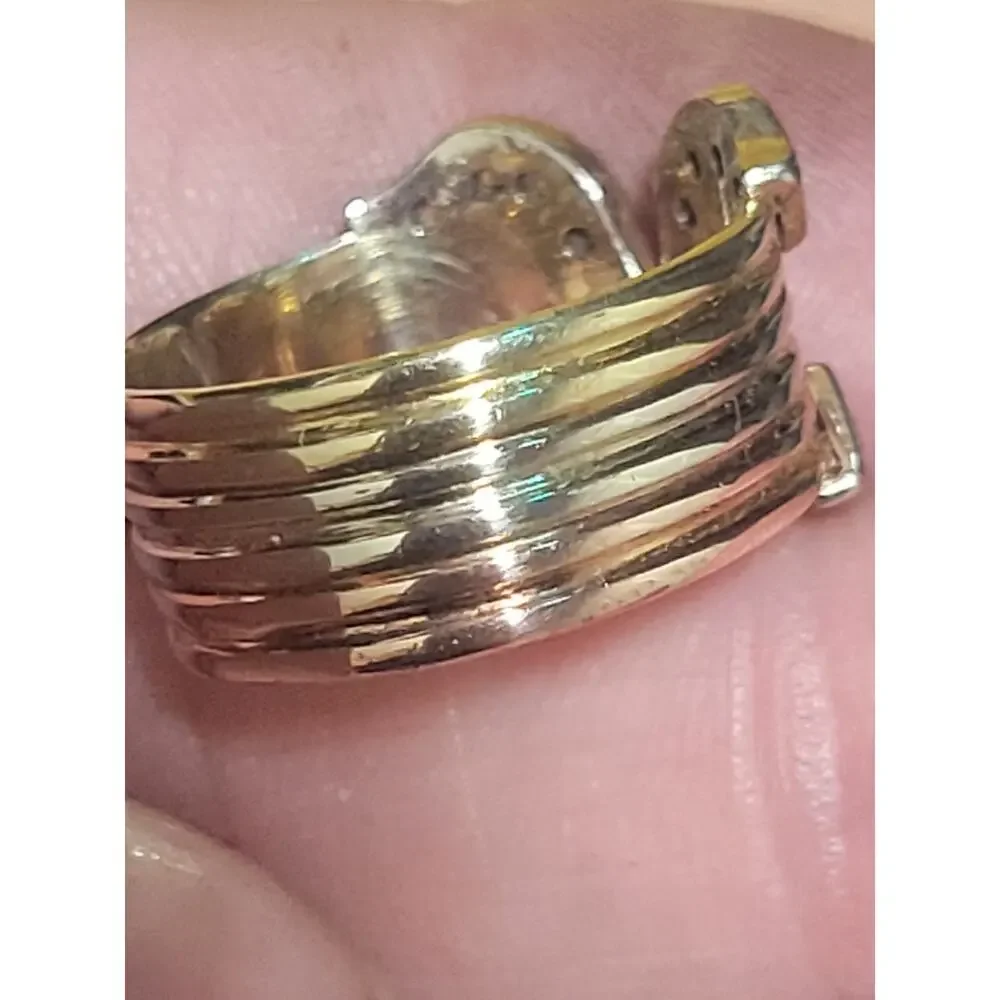 14K Tri-Color Gold Open Cuff Ring Pave Sparkling Stones Statement Bold Design